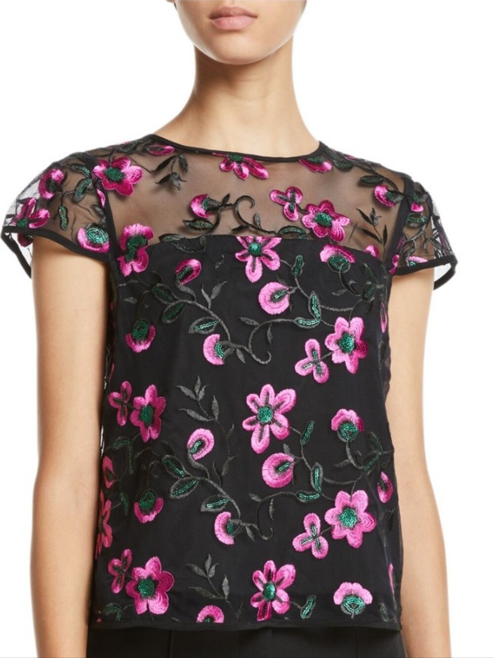 MILLY Sheer Floral-Embroidered Blouse Top NWT